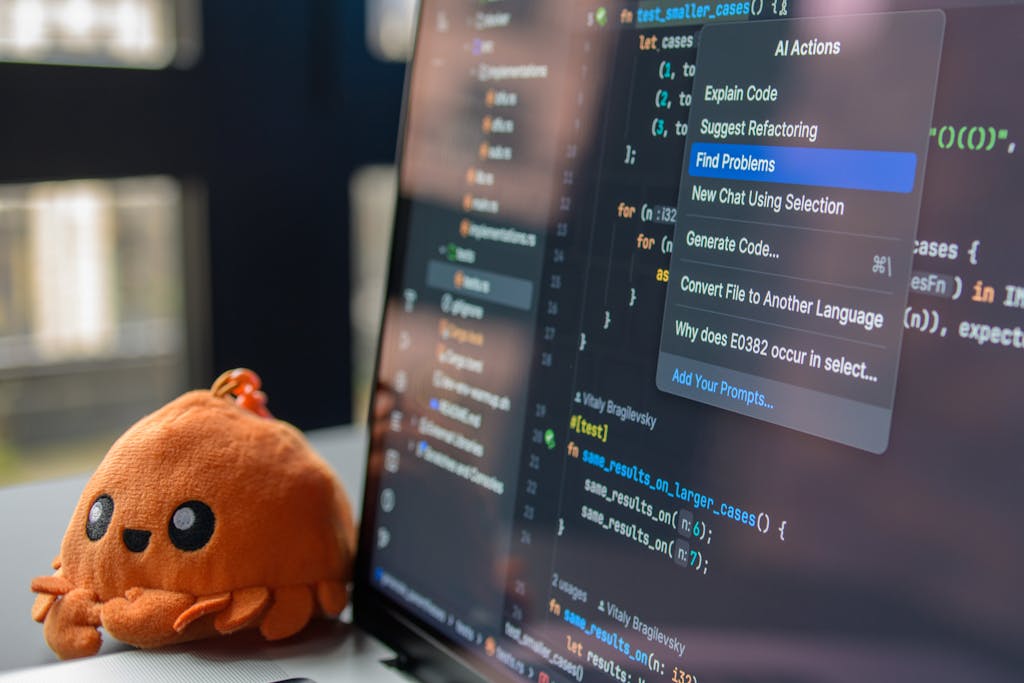 A laptop screen showing a code editor with a cute orange crab plush toy beside it.